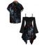 Gothic Couple Outfit Rose Floral Butterfly Print Ruffle Cold Shoulder Lace Up Belt Handkerchief Dress and Shirt Set - Noir S | US 4