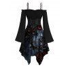 Gothic Couple Outfit Rose Floral Butterfly Print Ruffle Cold Shoulder Lace Up Belt Handkerchief Dress and Shirt Set - Noir S | US 4