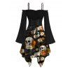 Gothic Couple Outfit Skulls Spider Web Daisy Floral Print Ruffle Cold Shoulder Lace Up Belt Bell Sleeve Handkerchief Dress and Shirt Set - Noir S | US 4