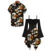 Gothic Couple Outfit Skulls Spider Web Daisy Floral Print Ruffle Cold Shoulder Lace Up Belt Bell Sleeve Handkerchief Dress and Shirt Set - Noir S | US 4