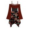 Gothic Couple Outfit Skeleton Skulls Heart Spider Web Print Ruffle Cold Shoulder Lace Up Belt Handkerchief Dress and Shirt Set - Rouge foncé S | US 4