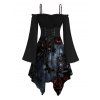 Gothic Dress Rose Floral Butterfly Print Ruffle Cold Shoulder Lace Up Belt Bell Sleeve Handkerchief Dress - Noir XXL | US 14