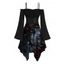 Gothic Dress Rose Floral Butterfly Print Ruffle Cold Shoulder Lace Up Belt Bell Sleeve Handkerchief Dress - Noir XXL | US 14