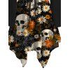 Gothic Dress Skulls Spider Web Daisy Floral Print Ruffle Cold Shoulder Lace Up Belt Bell Sleeve Handkerchief Dress - Noir XXL | US 14
