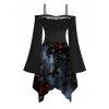 Gothic Dress Rose Floral Butterfly Print Ruffle Cold Shoulder Lace Up Belt Bell Sleeve Handkerchief Dress - Noir XXL | US 14