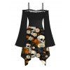 Gothic Dress Skulls Spider Web Daisy Floral Print Ruffle Cold Shoulder Lace Up Belt Bell Sleeve Handkerchief Dress - Noir XXL | US 14