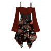 Gothic Dress Skeleton Skulls Heart Spider Web Print Ruffle Cold Shoulder Lace Up Belt Bell Sleeve Handkerchief Dress - Rouge Vineux XXL | US 14