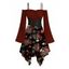 Gothic Dress Skeleton Skulls Heart Spider Web Print Ruffle Cold Shoulder Lace Up Belt Bell Sleeve Handkerchief Dress - Rouge Vineux XXL | US 14