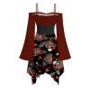 Gothic Dress Skeleton Skulls Heart Spider Web Print Ruffle Cold Shoulder Lace Up Belt Bell Sleeve Handkerchief Dress - Rouge Vineux XXL | US 14