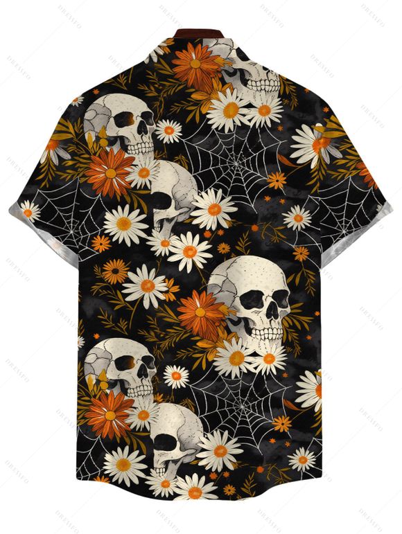 Men's Gothic Shirt Skulls Spider Web Daisy Floral Print Button Up Shirt - Noir XL