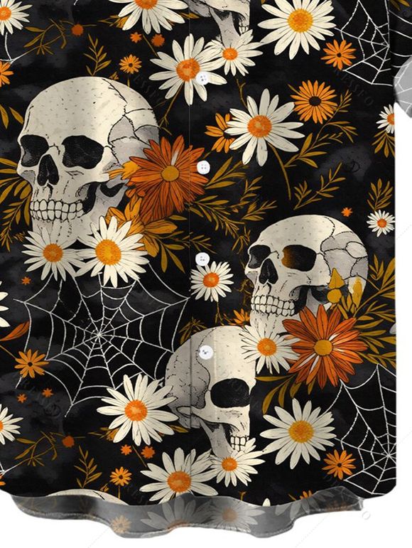 Men's Gothic Shirt Skulls Spider Web Daisy Floral Print Button Up Shirt - Noir XL
