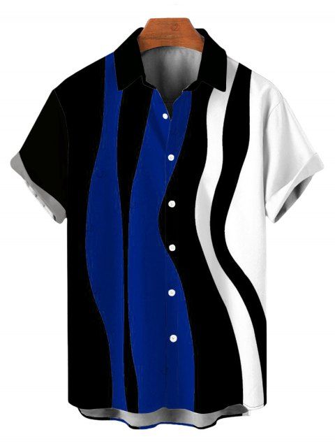 Men's Vintage Shirt Colorblock Art Fluid Curve Stripe Print Button Up Shirt