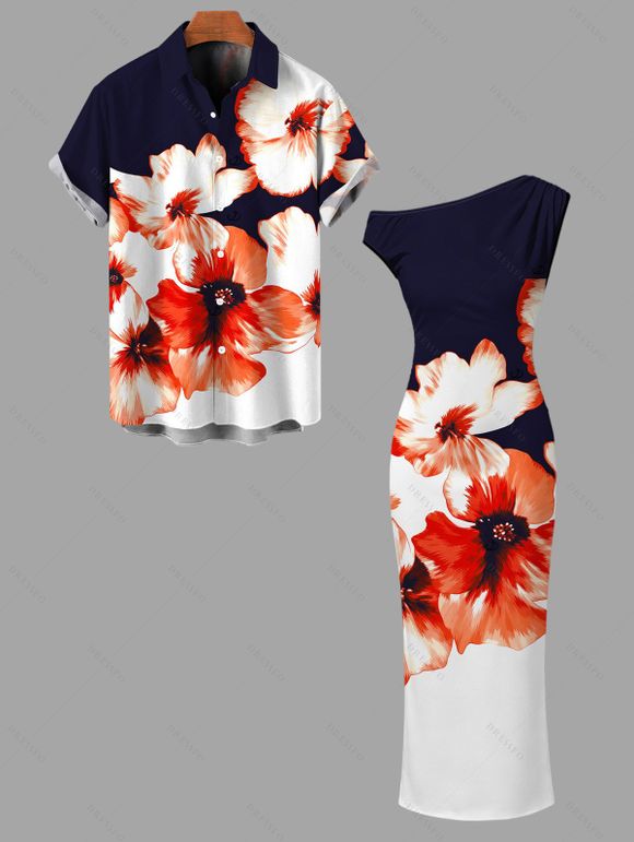 Hawaiian Vacation Couple Outfit Contrast Color Watercolor Flower Print Ruched One Shoulder Bodycon Maxi Dress and Shirt Set - Bleu de Minuit S | US 4