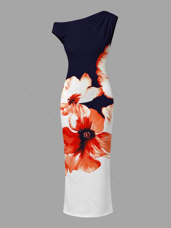 Hawaiian Vacation Couple Outfit Contrast Color Watercolor Flower Print Ruched One Shoulder Bodycon Maxi Dress and Shirt Set - Bleu de Minuit S | US 4