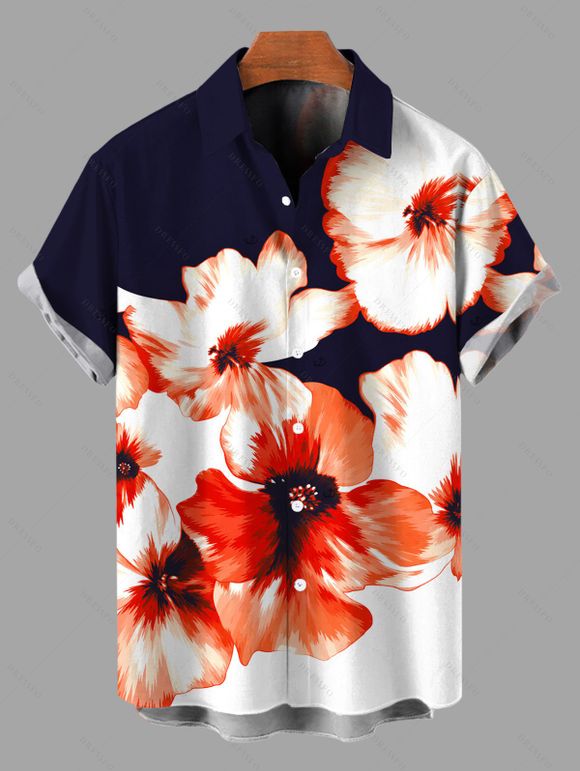 Hawaiian Vacation Couple Outfit Contrast Color Watercolor Flower Print Ruched One Shoulder Bodycon Maxi Dress and Shirt Set - Bleu de Minuit S | US 4