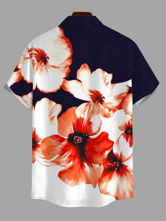 Hawaiian Vacation Couple Outfit Contrast Color Watercolor Flower Print Ruched One Shoulder Bodycon Maxi Dress and Shirt Set - Bleu de Minuit S | US 4