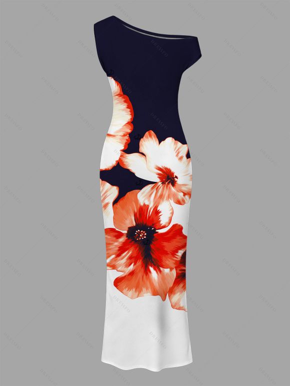 Hawaiian Vacation Dress Contrast Color Watercolor Flower Print Ruched One Shoulder Bodycon Maxi Dress - Bleu de Minuit XXL | US 14