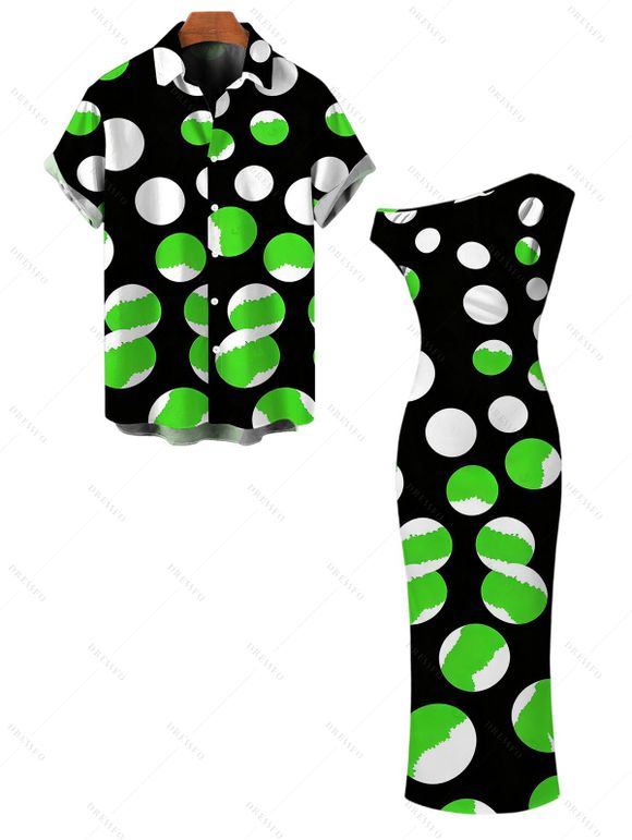 Vacation Couple Outfit Colorblock Polka Dots Print Ruched One Shoulder Bodycon Maxi Dress and Shirt Set - Vert S | US 4