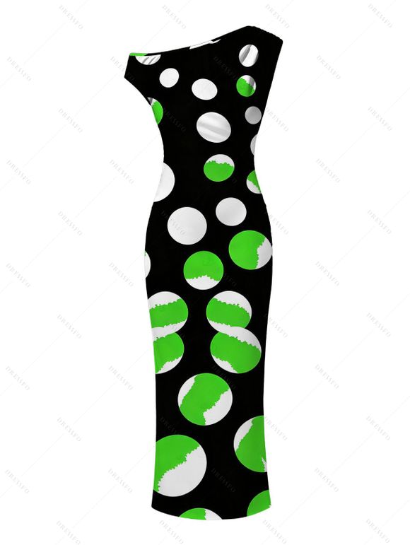 Vacation Couple Outfit Colorblock Polka Dots Print Ruched One Shoulder Bodycon Maxi Dress and Shirt Set - Vert S | US 4