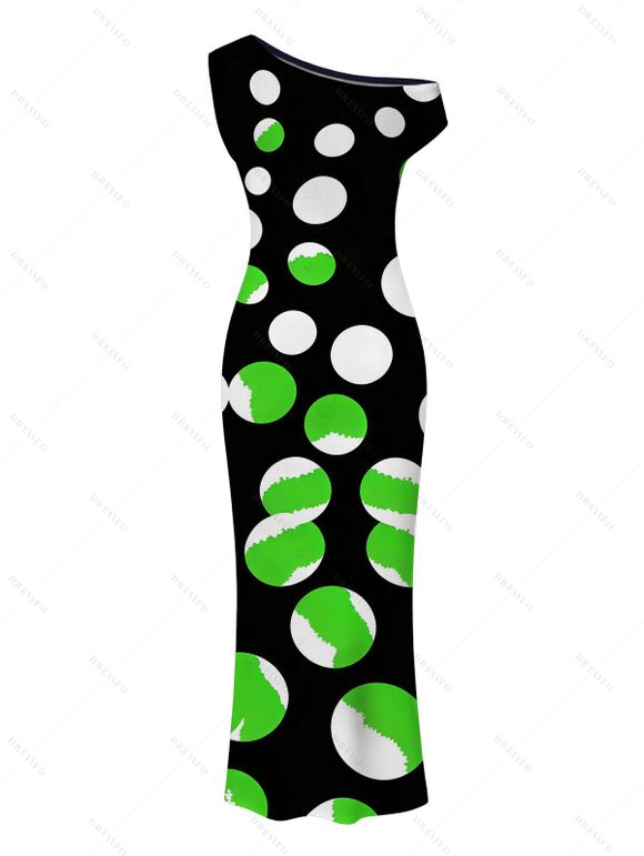 Vacation Couple Outfit Colorblock Polka Dots Print Ruched One Shoulder Bodycon Maxi Dress and Shirt Set - Vert S | US 4