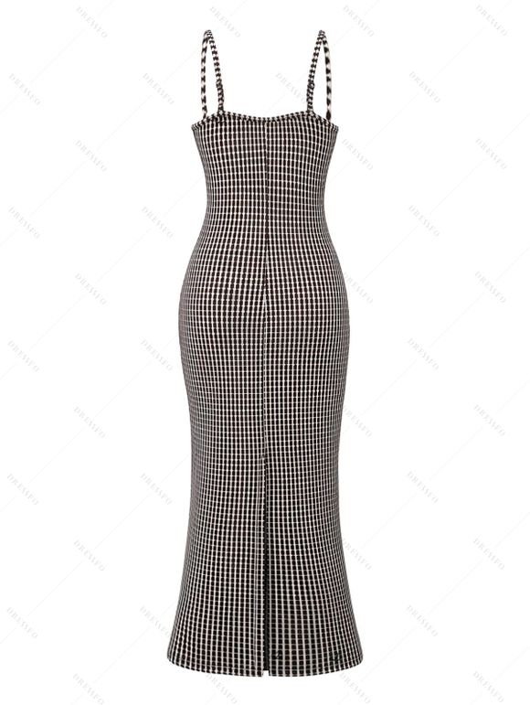 Vintage Dress Fine Check Print Spaghetti Strap Maxi Bodycon Textured Dress - marron foncé XXL | US 14