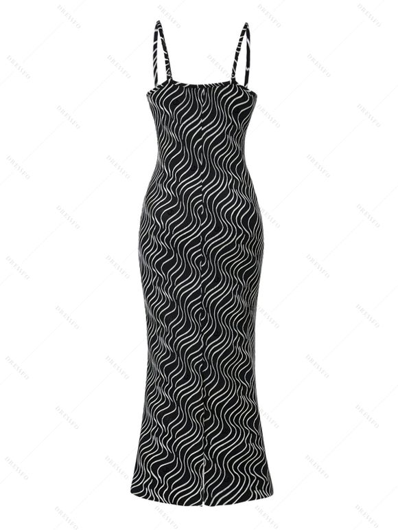 Vintage Dress Monochrome Wave Striped Print Spaghetti Strap Bodycon Maxi Textured Dress - Noir XXL | US 14