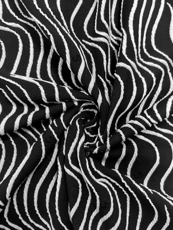 Vintage Dress Monochrome Wave Striped Print Spaghetti Strap Bodycon Maxi Textured Dress - Noir XXL | US 14