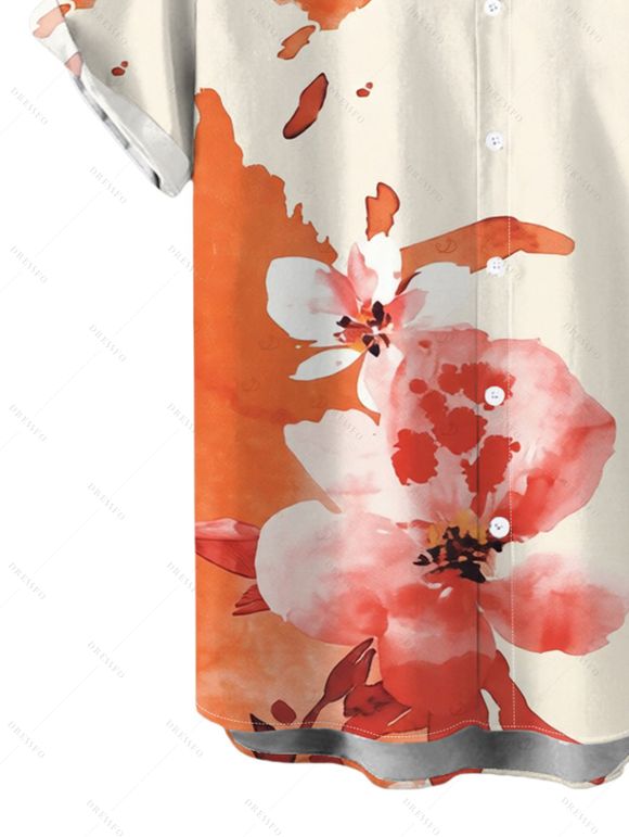 Men's Vacation Shirt Ink Painting Flower Print Button Up Shirt - Orange Foncé 5XL