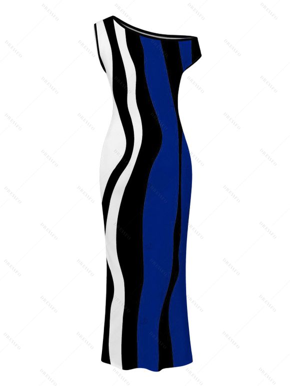 Vintage Dress Colorblock Art Fluid Curve Stripe Print Ruched One Shoulder Bodycon Maxi Dress - Bleu profond XXL | US 14