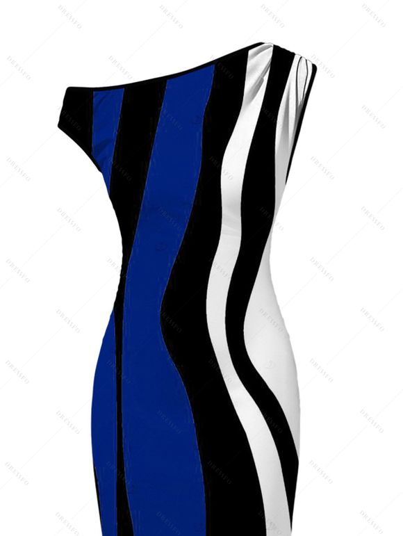 Vintage Dress Colorblock Art Fluid Curve Stripe Print Ruched One Shoulder Bodycon Maxi Dress - Bleu profond XXL | US 14