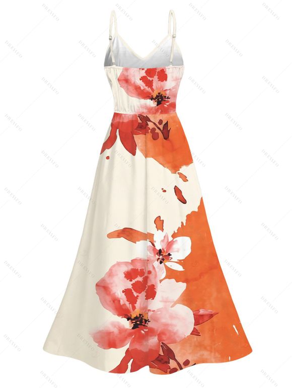 Vacation Dress Ink Painting Flower Print Lace Hollow Out Spaghetti Strap Slit Dress - Orange Foncé XXXXXL | US 20