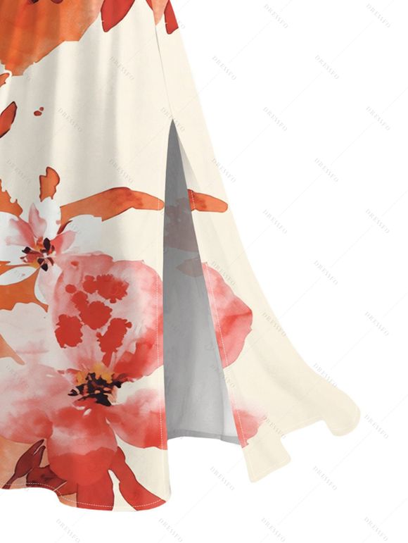 Vacation Dress Ink Painting Flower Print Lace Hollow Out Spaghetti Strap Slit Dress - Orange Foncé XXXXXL | US 20