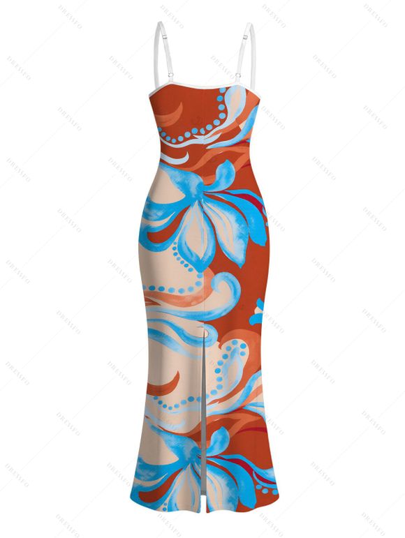 Beach Vacation Dress Colorblock Tropical Abstract Flower Print Spaghetti Strap Maxi Bodycon Dress - Orange Foncé XXL | US 14