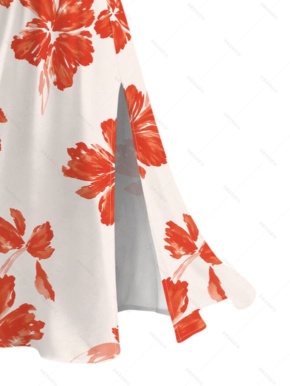 Vacation Dress Watercolor Flower Print Lace Hollow Out Spaghetti Strap Slit Dress - Orange Foncé XXXXXL | US 20