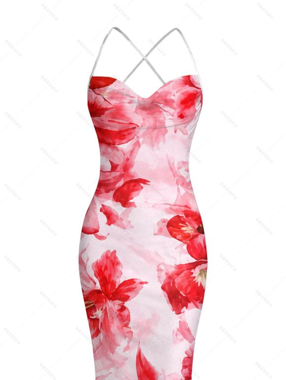 Vacation Dress Watercolor Tie Dye Rose Floral Print Crisscross Mesh Spaghetti Strap Bodycon Mermaid Maxi Dress - Rose clair XXL | US 14