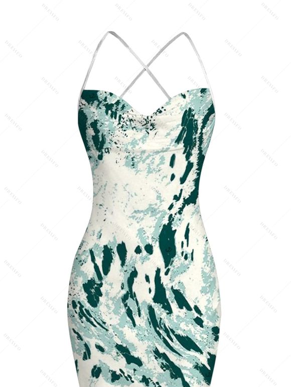 Vacation Dress Abstract Ink Painting Print Crisscross Mesh Spaghetti Strap Bodycon Mermaid Maxi Dress - Vert profond XXL | US 14