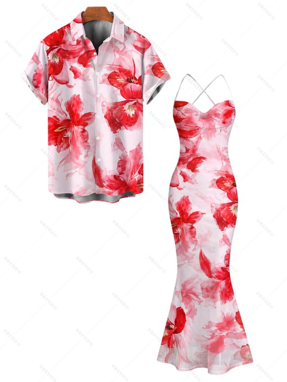 Vacation Couple Outfit Watercolor Tie Dye Rose Floral Print Crisscross Mesh Spaghetti Strap Bodycon Mermaid Maxi Dress and Shirt Set - Rose clair S | US 4