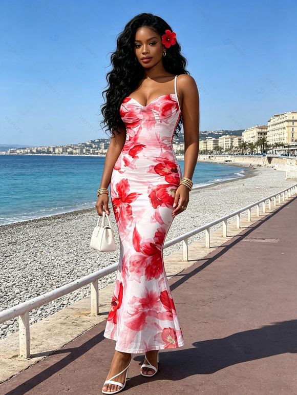 Vacation Couple Outfit Watercolor Tie Dye Rose Floral Print Crisscross Mesh Spaghetti Strap Bodycon Mermaid Maxi Dress and Shirt Set - Rose clair S | US 4