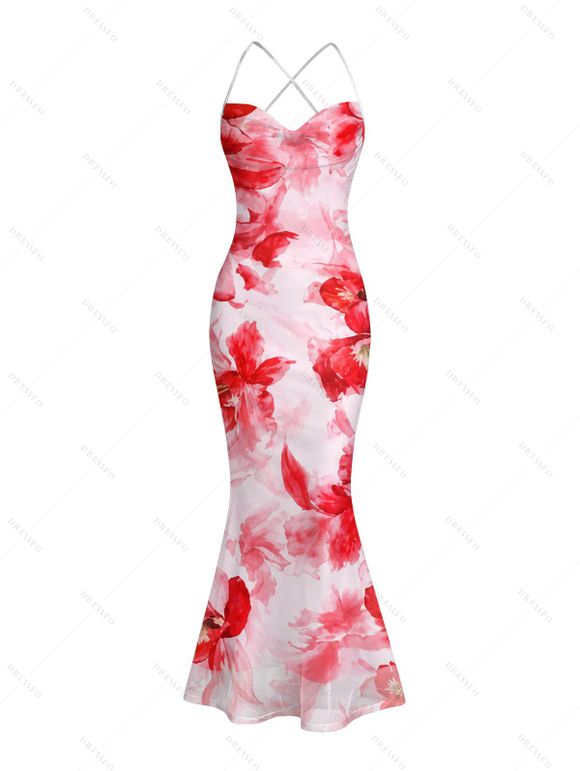 Vacation Couple Outfit Watercolor Tie Dye Rose Floral Print Crisscross Mesh Spaghetti Strap Bodycon Mermaid Maxi Dress and Shirt Set - Rose clair S | US 4