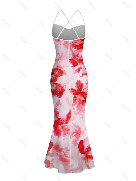 Vacation Couple Outfit Watercolor Tie Dye Rose Floral Print Crisscross Mesh Spaghetti Strap Bodycon Mermaid Maxi Dress and Shirt Set - Rose clair S | US 4