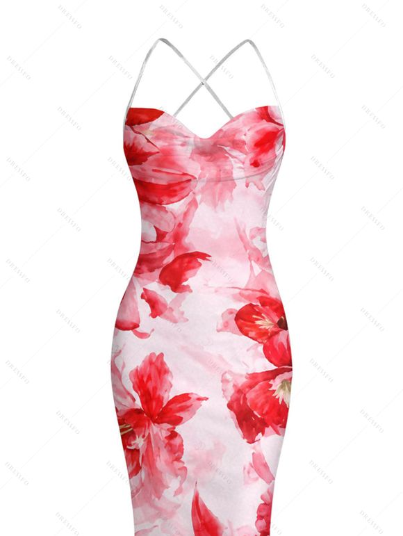 Vacation Couple Outfit Watercolor Tie Dye Rose Floral Print Crisscross Mesh Spaghetti Strap Bodycon Mermaid Maxi Dress and Shirt Set - Rose clair S | US 4