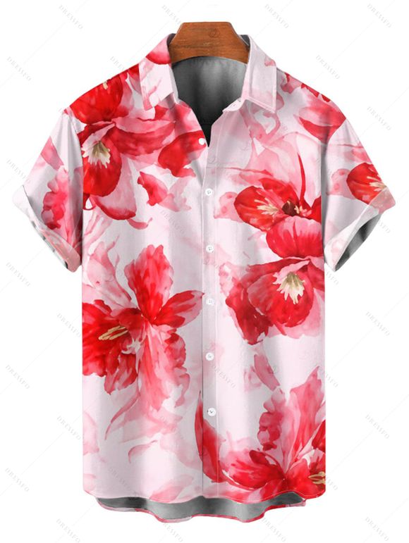 Vacation Couple Outfit Watercolor Tie Dye Rose Floral Print Crisscross Mesh Spaghetti Strap Bodycon Mermaid Maxi Dress and Shirt Set - Rose clair S | US 4