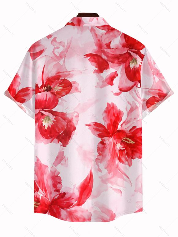 Vacation Couple Outfit Watercolor Tie Dye Rose Floral Print Crisscross Mesh Spaghetti Strap Bodycon Mermaid Maxi Dress and Shirt Set - Rose clair S | US 4