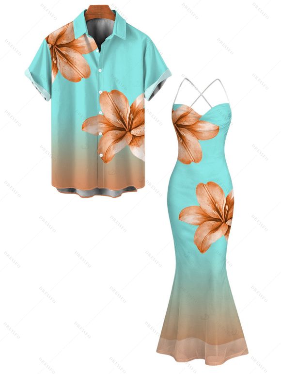 Vacation Couple Outfit Lily Floral Print Ombre Crisscross Mesh Spaghetti Strap Bodycon Mermaid Maxi Dress and Shirt Set - Turquoise S | US 4