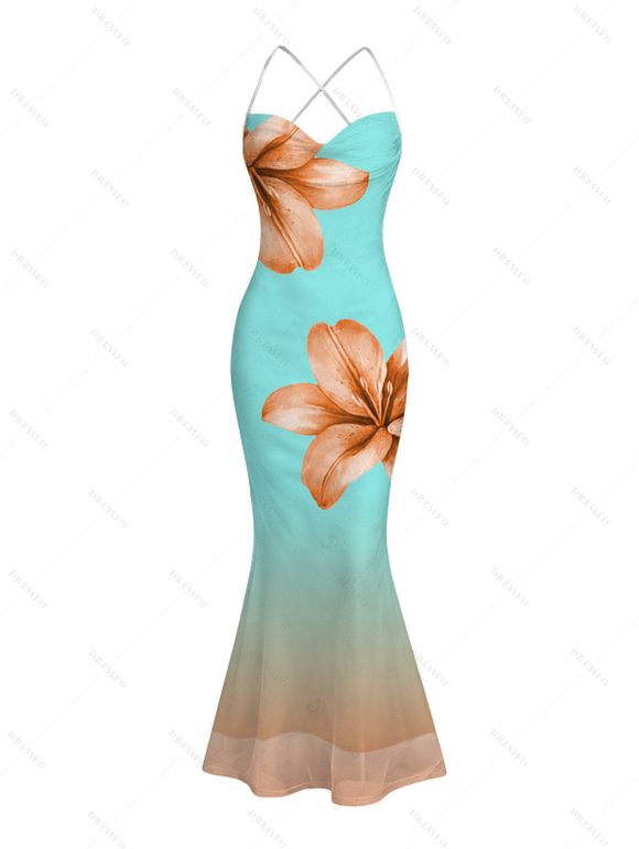 Vacation Couple Outfit Lily Floral Print Ombre Crisscross Mesh Spaghetti Strap Bodycon Mermaid Maxi Dress and Shirt Set - Turquoise S | US 4