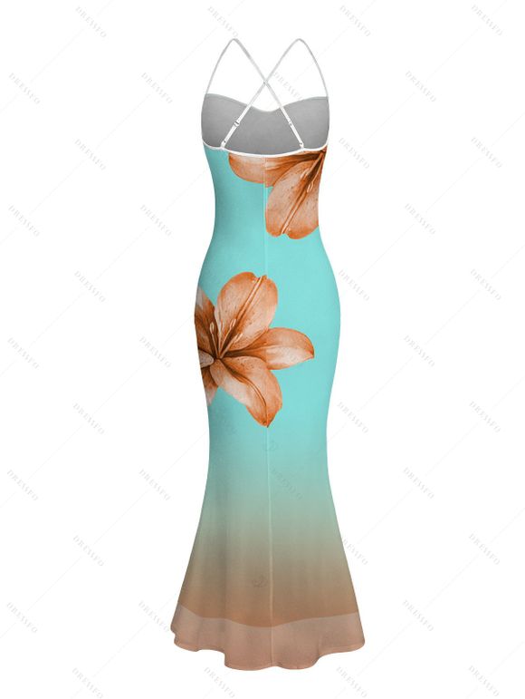 Vacation Couple Outfit Lily Floral Print Ombre Crisscross Mesh Spaghetti Strap Bodycon Mermaid Maxi Dress and Shirt Set - Turquoise S | US 4