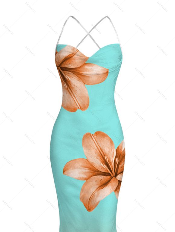 Vacation Couple Outfit Lily Floral Print Ombre Crisscross Mesh Spaghetti Strap Bodycon Mermaid Maxi Dress and Shirt Set - Turquoise S | US 4