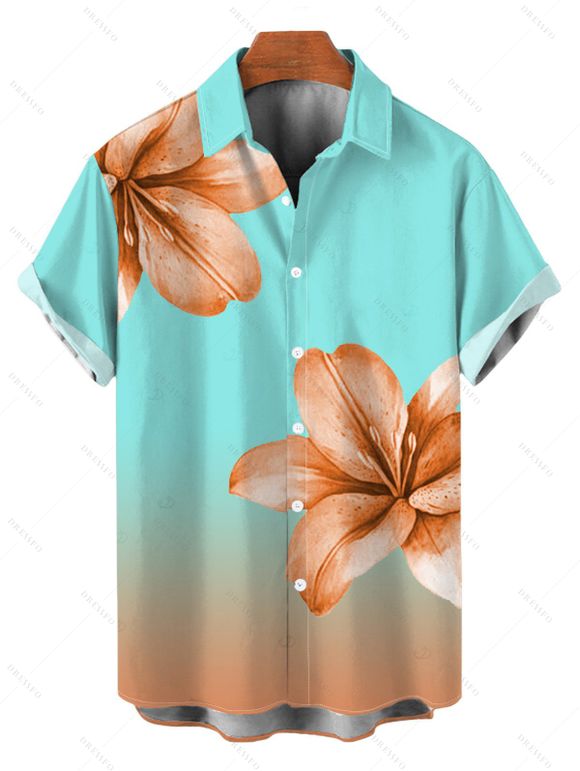 Vacation Couple Outfit Lily Floral Print Ombre Crisscross Mesh Spaghetti Strap Bodycon Mermaid Maxi Dress and Shirt Set - Turquoise S | US 4