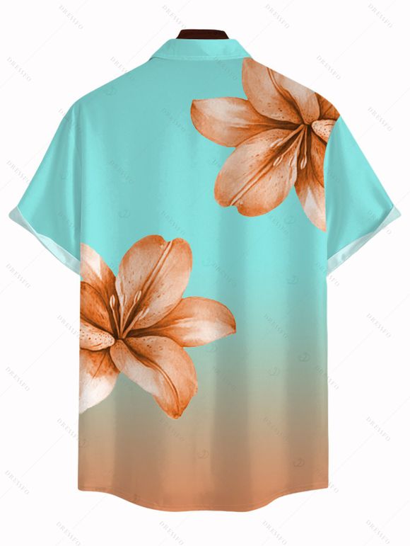 Vacation Couple Outfit Lily Floral Print Ombre Crisscross Mesh Spaghetti Strap Bodycon Mermaid Maxi Dress and Shirt Set - Turquoise S | US 4