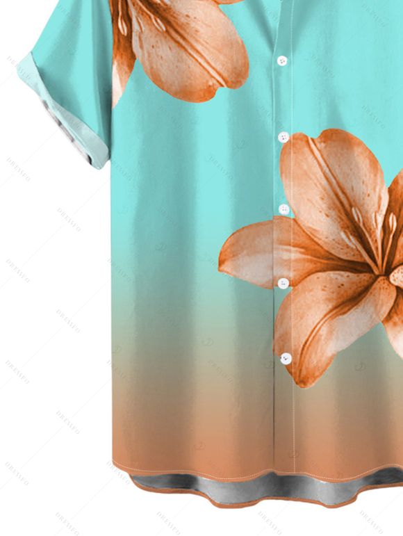 Vacation Couple Outfit Lily Floral Print Ombre Crisscross Mesh Spaghetti Strap Bodycon Mermaid Maxi Dress and Shirt Set - Turquoise S | US 4